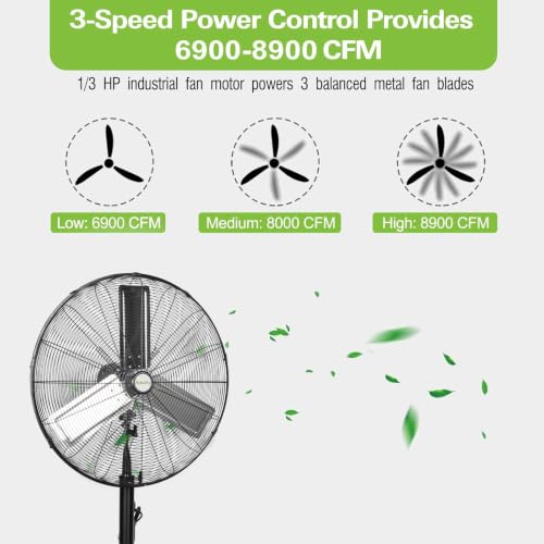hykolity 30" 8900 CFM High-Velocity Industrial Pedestal Fan, 3-Speed Heavy Duty Oscillating Stand Fan with Aluminum Blades and Adjustable Height, Metal Shop Fan for Commercial, Warehouse, and Garage