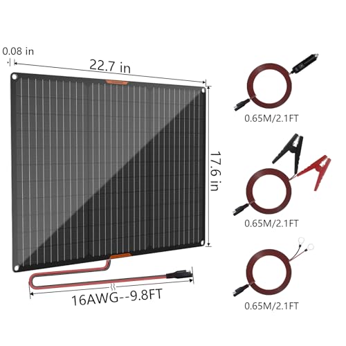 50Watt 12V Solar Car Battery Trickle Charger & Maintainer | Portable Waterproof Solar Panel Kit Fits 12V Batteries for Boats, Marine, RVs, Automotive, Trailer with Alligator Clip - size: 50W Solar Panel