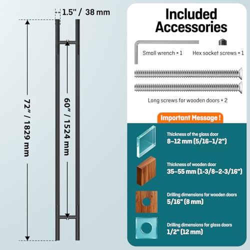 Ranbo 72" Knurled Door Pull Handle, 60"(1524mm) CTC, Matte Black | Heavy Duty 1.5mm 304 Stainless Steel, Back to Back Pull Handles for Interior/Front /Barn/Commercial/Entrances, Enhanced Grip - size: 72 Inch