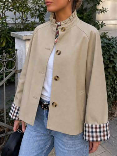 Cicy Bell Womens Ruffle Short Trench Coat Single Breasted Cropped Jackets | Stand Collar, Fall Jackets, Outerwear Coats, Button Down, Plaid Cuffs - color: Dark Khaki, size: XX-Large
