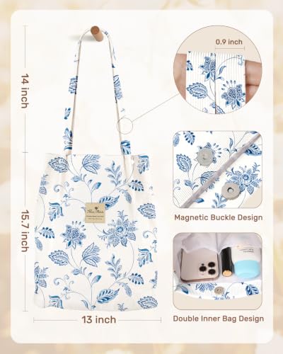 Miss Adola Corduroy Tote Bag for Women with Aesthetic Design | Magnetic Buckle & Pocket, Reusable, Soft, Roomy, Long Shoulder Handles, Double-sided Print, Casual Daily Work, Grocery Bags - color: Blue Floral, size: Large