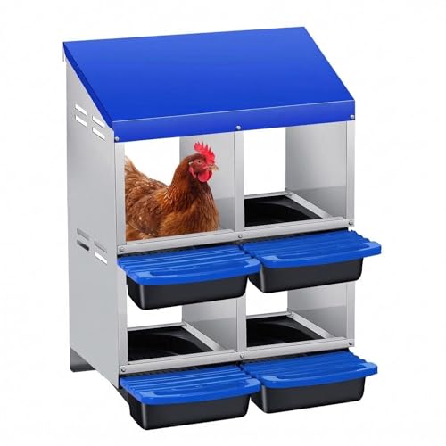 4 Hole Chicken Nesting Box, Heavy Duty Galvanized Steel Poultry Nest Box, Wall Mount/Freestanding Design for Hens, Ducks, Backyard Homesteads & Farm Use, Blue, with Legs, No Stand - color: Blue, size: 4 Room&Legs