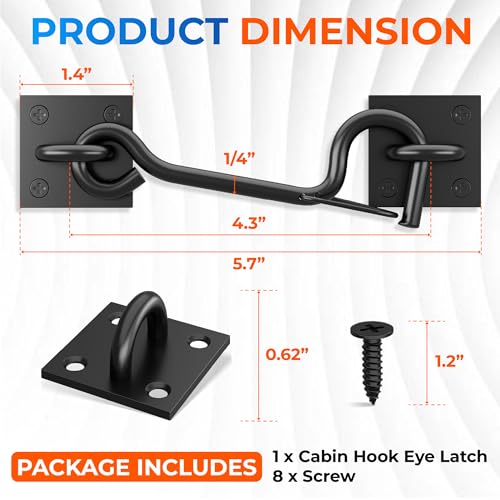 100 Lbs Privacy Cabin Hook & Eye Latch - Safety Buckle Barn Door Gate Latch | 4 Screw Points Privacy Hook with Buckle for Barn Door, Lock Gate Latch Hook for Sliding Door Gate, Bathroom Cabinet Bedroom