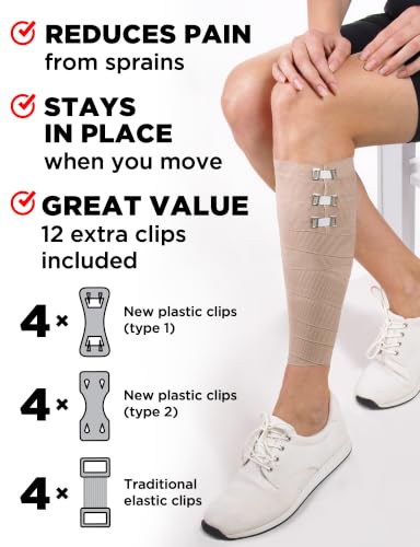 Premium Elastic Bandage Wrap - 4pk (2x3in, 2x4in) + 12 Extra Clips - Strong Compression Bandage Wrap for Leg, Arm, Wrists, Elbow, Ankles, Feet and Knees - for First Aid Kit and After Surgery Recovery | Strong Compression Bandage Wrap for Leg, Arm, Wrists,