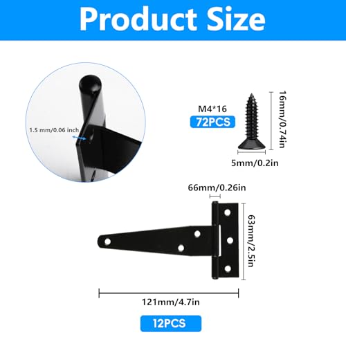 T Strap Hinges Heavy Duty, Shed Door Gate Hinges(Black) (12, 12 Pcs *4 inch) - size: 12 Pcs *4 inch