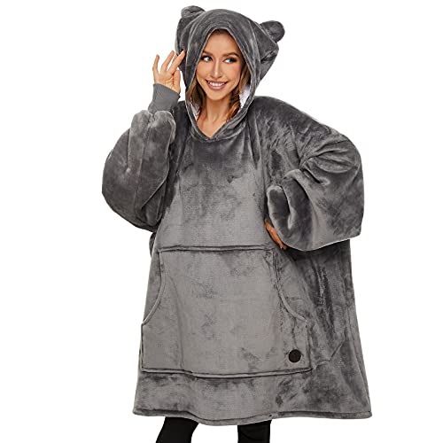 THREE POODLE Wearable Blanket Hoodie for Women, Oversized Sherpa Sweatshirt Blanket for Adults Men, Cozy Gray Hooded Blankets, Gifts for Teen Girls Women Mom Sister - color: Dark Gray, size: Adult