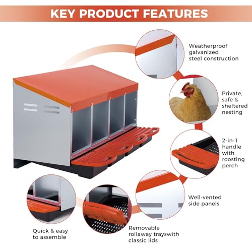 Galvanized Steel Chicken Nesting Box 4 Compartment with Pull Out Tray, Roll Away Nest Boxes for Laying Hens Egg Collection, Wall Mount Poultry Nest Box for Coop with Handle, Orange - color: Orange, size: 4 Compartments