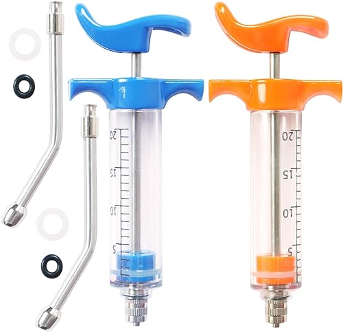 2 Pcs Goats Feed water filler, Drench Nozzle, Reusable, Adjustable Dosage, for Cattle, Sheep, Goats, Horse, Pig, Dog Supplies (Blue+Orange 20ml) - size: G (2ps 20ml)