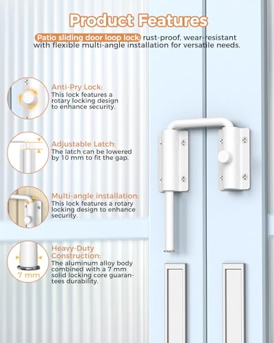 Sliding Door Loop Lock, Multi-Angle Barn Door Lock, White-2 PCS | Aluminum Alloy, U-Shaped Loop Latch for French/Fences/Windows/Screen/Patio Sliding Doors - color: White-2 PCS