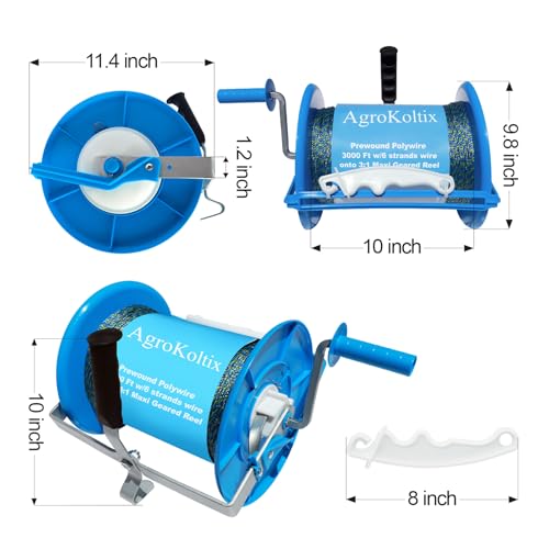 Prewound Polywire 3000ft onto 3:1 Geared Electric Fencing Reel, Integrated Wire Guide for Constant Tension & Auxiliary Unwinding Handle - Heavy Duty Farm Garden Livestock Fencing - size: 3000ft Polywire x 1 Large Reel