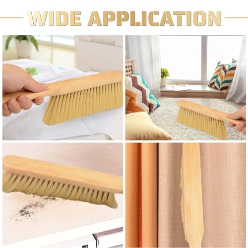 2 Pieces Woooden Dust Brush Hand Broom Bench Brush with Long Wood Handle Whisk Broom Soft Bristle Brush for Counter Bed Sofa Car Fireplace Clothes Household Cleaning - color: Khaki