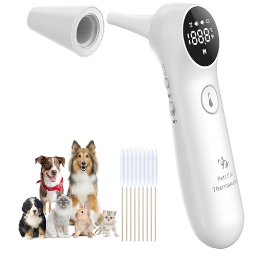 Pet Ear Thermometer for Dogs, Cats, and Livestock, Long Probe Designed, ℃/ ℉ Convert and Sound Switch Dedicated Button, 1 Second Measurement, 20 pcs Pet Swabs Included(White) - color: White