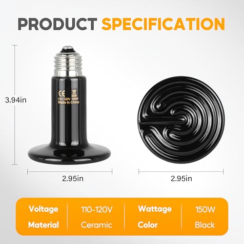HealSmart 150W Reptile Heat Lamp Ceramic Heat Emitter, No Light Emitting Heat Bulbs, Suitable for Snake/Lizard/Spider, Plant Growth and Incubating Chicken, 2-Pack - size: 150 Watts, style: D-75mm (2.95")
