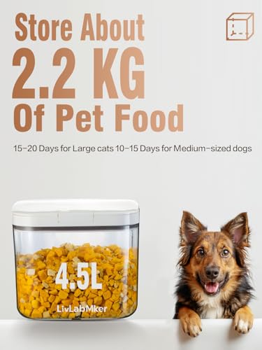 LivLab Mker 5-10 lb Airtight Dog Food Storage Container, White | Large airtight bin with pop-lock lid and clear body; stores 5-10 lb of dry dog food, cat treats, rice, or flour. - color: (D981)-4.5L