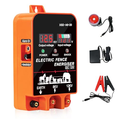 5.5J Electric Fence Charger Energizer, 5.5 Joules 10 Miles | AC DC 2 in 1 Powered Supply, Input 12V Output 8 KV or 12KV with Display and Alarm,Contain Cattle Cow and Livestock, No Remote