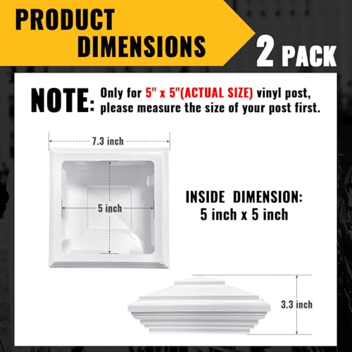 VIVIDA 5" x 5" Vinyl Fence Post Caps, White New England PVC Post Cap, 2 PCS | Actual 5" x 5", New England Pyramid Post Cap, PVC Square Deck Post Cover, For Vinyl Fences, Mailboxes & Decks - color: White-2 Pack, size: Actual 5" x 5"
