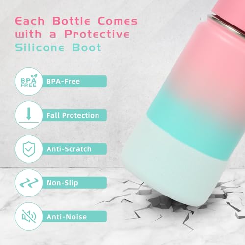 Volhoply 14oz KIds Stainless Steel Insulated Leakproof Water Bottle with Straw Lid and Silicone Boot,BPA-Free Easy Use for Boys&Girls,Double Wall Vacuum Bottles(Pink Green,1) - color: Pink Green