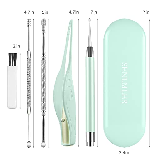 4 Pack Ear Wax Removal Tool Kit with Light, Ear Pick Ear Cleaning Tools Set for Kids and Adults, Ear Picks Digger & Tweezers & Spiral Spring Ear Spoon with Storage Box (Green) - color: Green