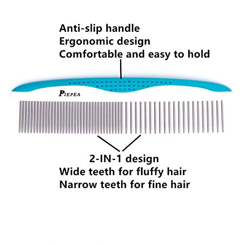 Pet Comb for Dogs and Cats, Stainless Steel Teeth Detangling Grooming Comb | Pets Hair Dematting Deshedding Brush, 7 1/4", Wide & Narrow Teeth, Non-Slip Handle, Remove Tangles, Mats, Knots & Loose Fur