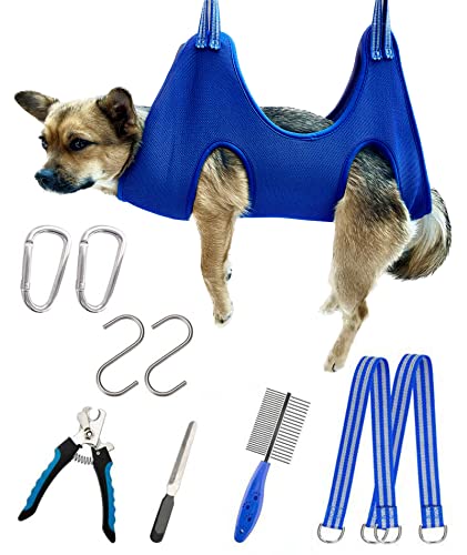 Kkiimatt 10 in 1 Dog Pet Grooming Hammock Harness with Nail Clippers/Trimmer, Dog Hammock for Nail Trim, Grooming Sling Hanger for Nail Trimming/Clipping (S/Under 30lb, Blue) - color: Blue, size: S/Under 30 lb