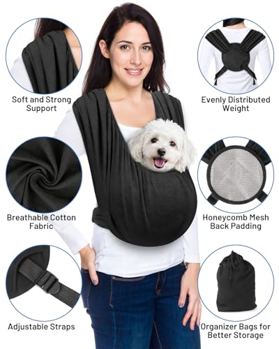 Dog Sling Carrier for Small Pet, Hands Free Front Backpack | Reduces Back & Neck Pain, Adjustable, Soft Cotton, Fit Dogs, Cats, Puppy up to 13 lb,Black - color: Black