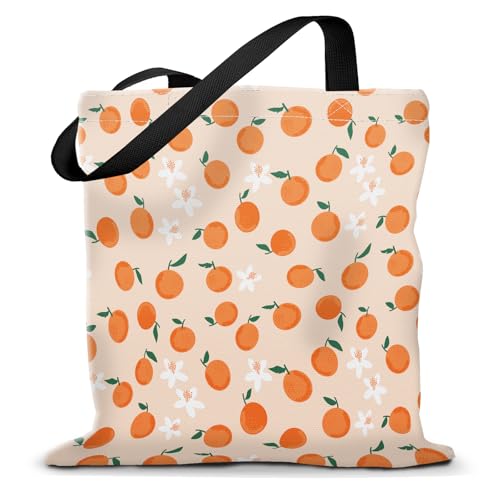 Canvas Tote Bag for Women，Cute Heavy-Duty Shoulder Bag with Zipper Pocket -Travel Tote for Grocery, Gym,Shopping - color: Orange With Green Leaves