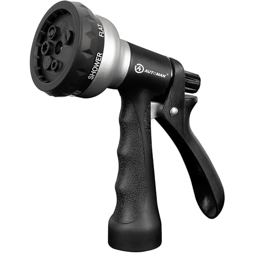 AUTOMAN-Garden-Hose-Nozzle, ABS Water Spray Nozzle, 7 Adjustable Watering Patterns, Slip Resistant for Watering Plants, Lawn& Garden, Washing Cars, Cleaning, Showering Pets & Outdoor Fun.Silver Color - color: Silver