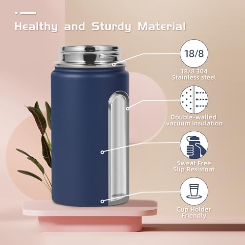 Volhoply 14oz KIds Stainless Steel Insulated Leakproof Water Bottle with Straw Lid and Silicone Boot,BPA-Free Easy Use for Boys&Girls,Double Wall Vacuum Bottles(Navy,1) - color: Navy