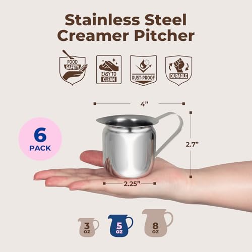 Fit Meal Prep [6 Pack] 5 oz Creamer Pitcher - Stainless Steel Bell Creamers, Mini Cup Container for Serving Milk, Coffee Cream, Salad Dressing, Maple Syrup, Espresso Machine for Restaurant, Cafes - size: 5 oz