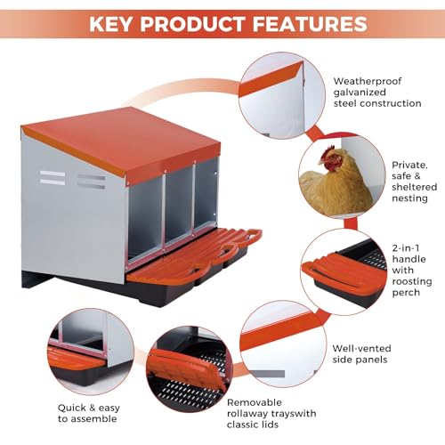 Galvanized Steel Chicken Nesting Box 3 Compartment with Pull Out Tray, Roll Away Nest Boxes for Laying Hens Egg Collection, Wall Mount Poultry Nest Box for Coop with Handle, Orange - color: Orange, size: 3 Compartments