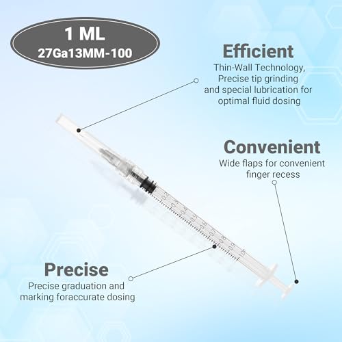 100 Pack 1mL 27Ga 1/2 Inch 13MM Lab Syringe Tools, Individually Packed - style: 1ml-27G 1/2"