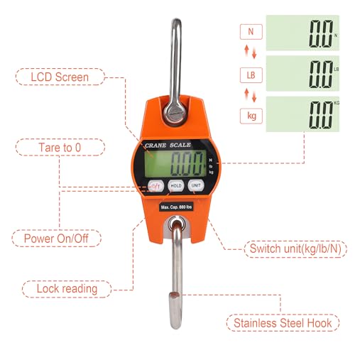 660lb/300kg Digital Crane Scale - Compact LCD Handheld Hanging Scale for Garage, Farm, Hunting, Fishing & More(300kg/Plastic/Orange) - color: 300kg/Plastic Shell/Orange