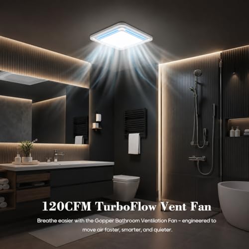 Ultra Quiet Bathroom Exhaust Fan with Light, 120 CFM, 1.0 Sones | 1000 Lumens LED Light, Easy Installation, Energy-Efficient Design, 10" × 10" Ceiling Mount