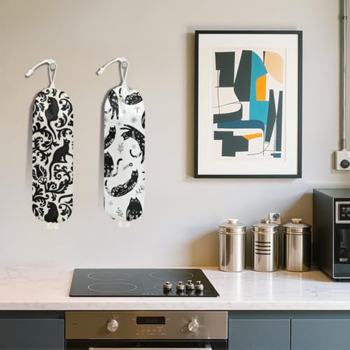 2Pcs Black White Floral Cat Plastic Bag Holder, Wall Mount Grocery Bag | Plastic Bags Storage, Mysterious Cats Reusable Grocery Bags Storage Dispenser for Home Kitchen Decor, Cat Lover Gifts - color: Interesting black cat 02