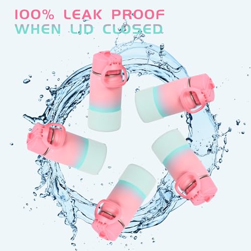 Volhoply 14oz KIds Stainless Steel Insulated Leakproof Water Bottle with Straw Lid and Silicone Boot,BPA-Free Easy Use for Boys&Girls,Double Wall Vacuum Bottles(Pink Green,1) - color: Pink Green