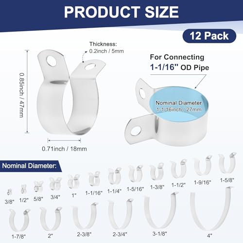 M METERXITY 12-Pack 1-1/16" Brace Bands Chain Link Fence Parts | Galvanized Steel Chain Link Brace Band with Bolts and Nuts for Fence, Gate, Posts, Rust-Resistant [Silver] - size: 1-1/16"