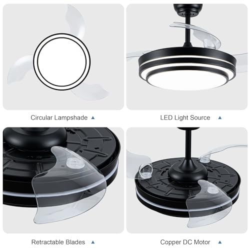 42 Inch Retractable Ceiling Fan with Lights Fandelier Ceiling Fan | Modern Black Fandalier Ultra Thin Chandelier LED Light for Bedroom Living Room, 3CCT Reversible Quiet DC Motor 6 Speeds - color: 4204-Black