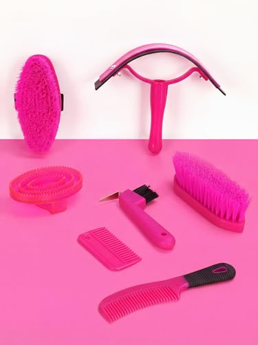 Horse Grooming Kit, Pink Storage Bag with 10 Piece Professional Equestrian Care Tools, Brushes, Combs, Scraper and Gloves (Pink)