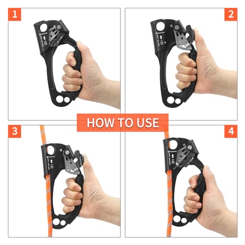 UIAA & CE Certified Hand Ascender Rock Climbing Tree Arborist Rappelling Gear Equipment Rope Clamp for 8~13MM Rope - color: Black Pro-Right