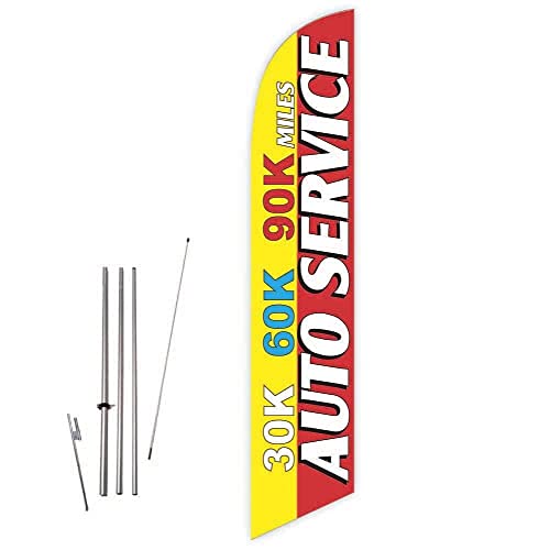 GLOBAL ADVERTISING SOLUTIONS Auto Repair Feather Flag Eye Catching Banner Sign for Business and Marketing Complete Set with 15 ft Pole Kit and Ground Spike (30k 60k 90k Miles Auto Service) - style: 30k 60k 90k Miles Auto Service