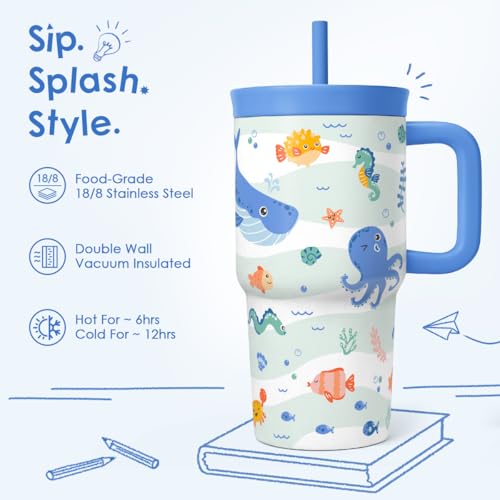 SANDJEST Sea Animals Stainless Steel Tumbler 20oz with Handle and Silicone Straw Locking Lid for Kids Boys Girls, Birthday Christmas Back to School - color: Sea Animal