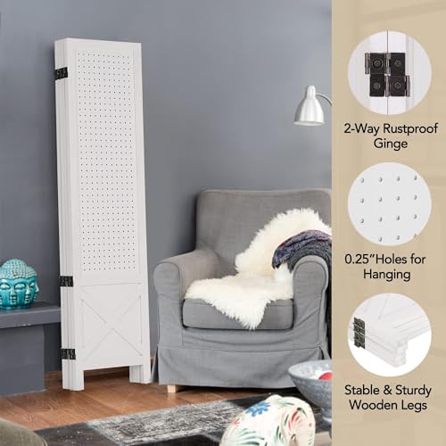 Wnutrees 4 Panel Pegboard Display,5 Ft Folding Privacy Screen Room Divider | Wood Portable Freestanding Board Organizer, Partition for Craft/Art Shows, Retail, Events, Wall Display, White - color: White