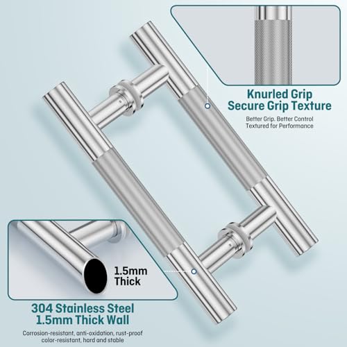 Ranbo 12" Knurled Door Pull Handle, 8"(203mm) CTC, Polished Chrome | Heavy Duty 1.5mm 304 Stainless Steel, Back to Back Pull Handles for Shower, Barn, Commercial Doors, Enhanced Grip - size: 12 Inch