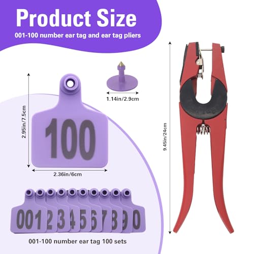 Cattle Ear Tags 001-100, 100Pcs Plastic Livestock Ear Tag for Cows Goats Sheep Pigs with Pliers Applicator & 2 Pins, Animal ID Tags for Ranch Farm Herd Tracking, Laser Print (001-100, Purple) - color: Purple