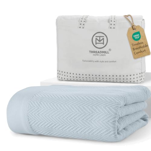 Threadmill Luxury Cotton Blankets for Queen Size Bed | All-Season 100% Cotton Queen Size Blanket | Herringbone Cozy, Soft Breathable Fall Thermal Blanket fits Full Size Bed | Light Blue | All-Season Thermal Blanket, Soft & Breathable, Cozy Moisture-Wickin
