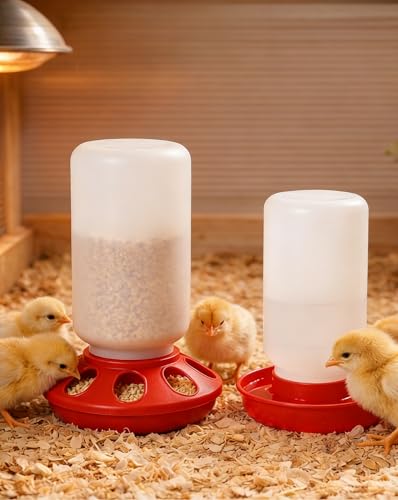 Baby Chick Feeder and Waterer Set, 1 Quart Poultry Starter Kit | Gravity-fed shallow water tray, compact brooder design, easy to refill and clean, for chicks, ducklings and small poultry