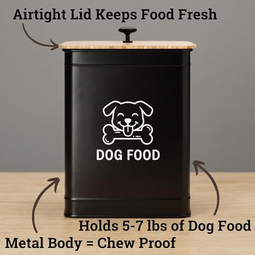 Metal Dog Food Container 5-7lb, 25 Cup w/ Airtight Bamboo Lid, Metal Handle | Pet Jar For Dogs up to 50lbs, Airtight Bamboo Lid, Sturdy Comfortable Metal Handle, Powder Coated Iron, Kibble Storage Bin - color: Black: Dog Face