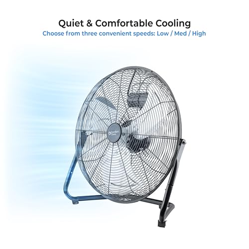 Comfort Zone 20-Inch High-Velocity Industrial Floor Fan, Heavy-Duty 3-Speed Metal Shop Fan with 180° Adjustable Tilt & Carry Handle, Quiet Vibration-Free Cooling for Garage, Workshop, & Home - size: 20"