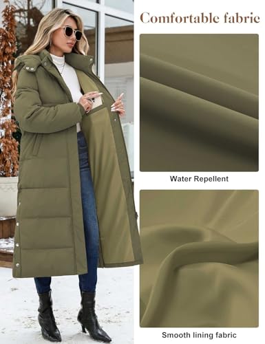 UMIPUBO Women's Long Maxi Down Coat Winter Puffer Jacket | Extra-long,Water Repellent,Side pocket,Faux Fur Removable Hood,Full-Zip,Warm Padded Outerwear - color: Military Green, size: Large