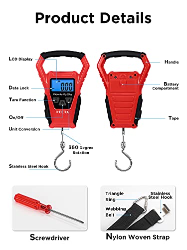 HEETA Waterproof Fish Scale Digital Hanging Fishing Luggage Weight Scale | Up 110lb/50kg Portable Scale with Backlit LCD Display, for Home & Outdoor, Measuring Tape and 2 AAA Batteries Included - color: Red